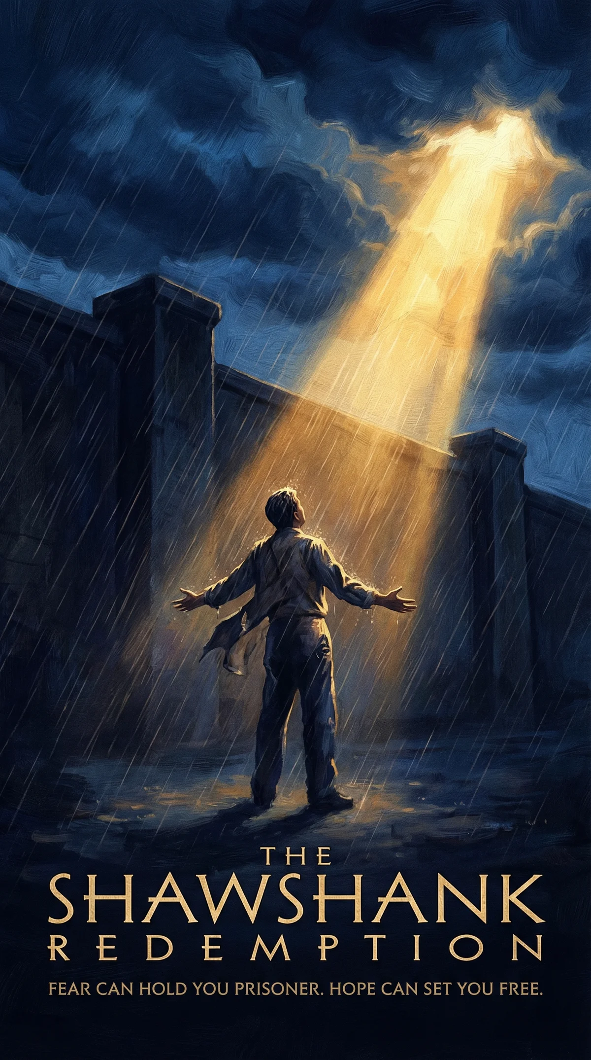 肖申克的救赎经典电影海报展示主角在暴雨中张开双臂拥抱自由